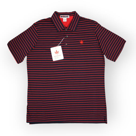 BOAST USA Men Medium Classic Jersey Striped Polo Shirt Navy Red Cotton Leaf Logo - Picture 1 of 14